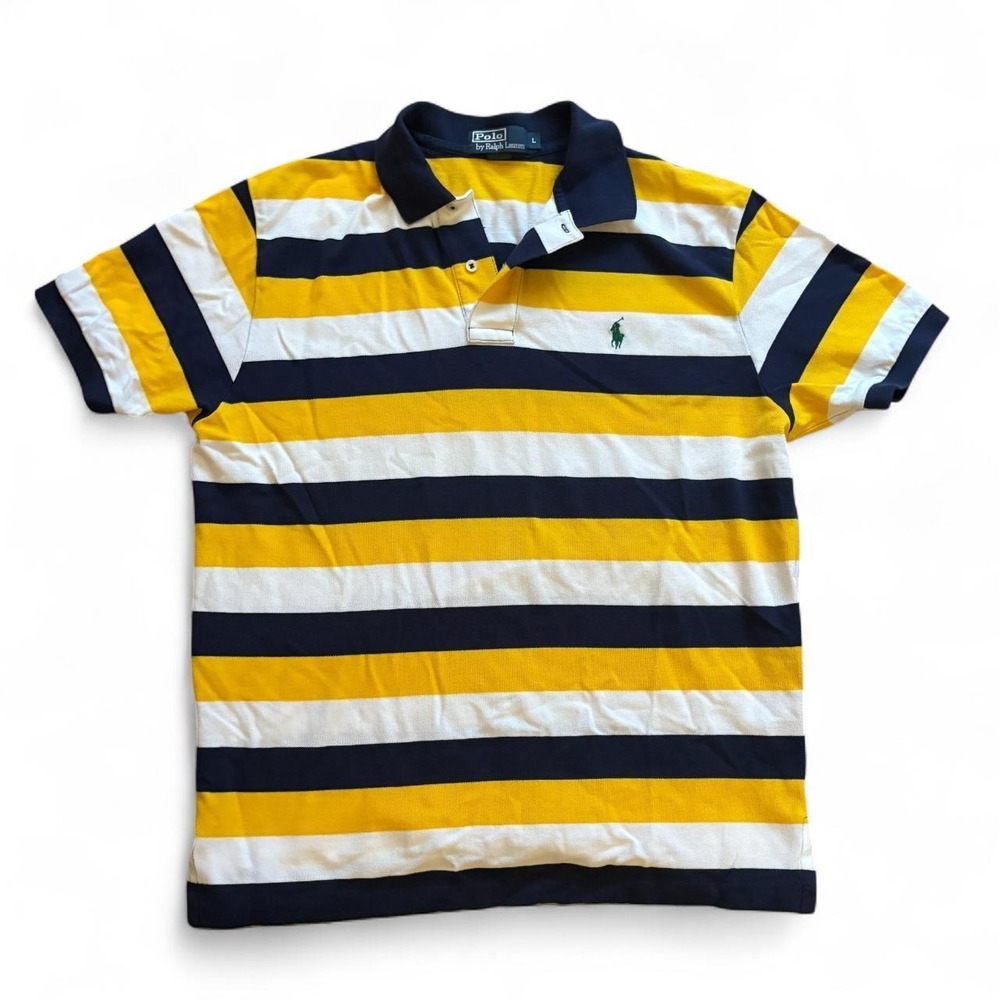 Polo Ralph Lauren Mens Striped Polo Shirt Yellow Navy White Large